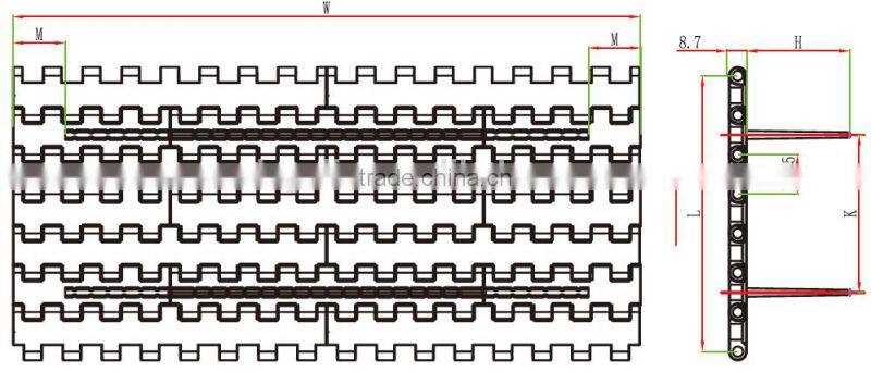 T-400 Plastic conveyor belt with baffle