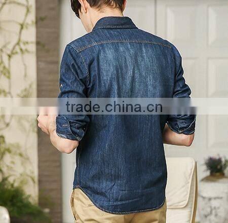 Mens denim shirt Long sleeve washed denim shirts two pockets denim shirts