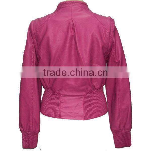 Crepe bottom pink PU leather jacket for woman , PU out wear