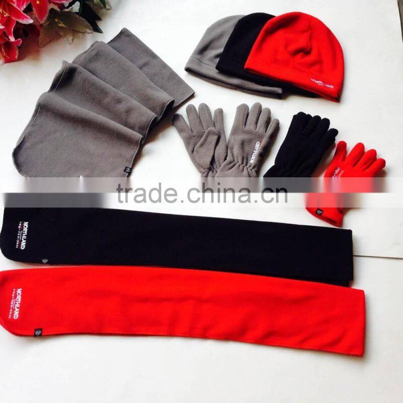 three red grey black colors ladies and mens polar fleece winter scarf hat gloves sets factory