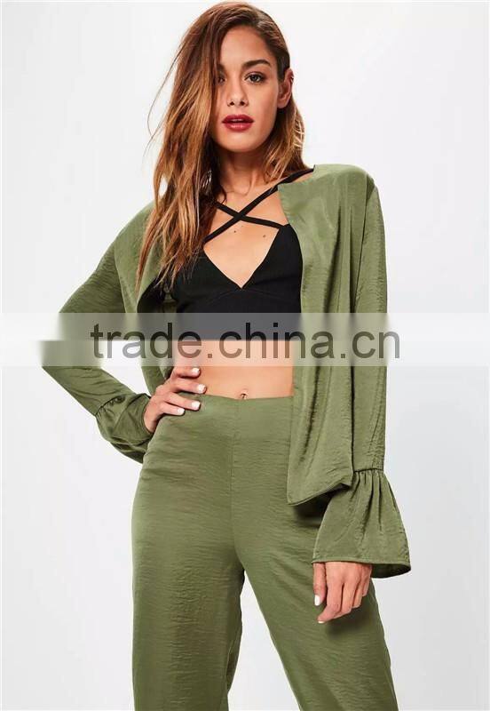 MGOO High Quality Custom Khaki Satin Jackets Crepe Satin Flare Sleeves Custom Cardigan Casual Wear