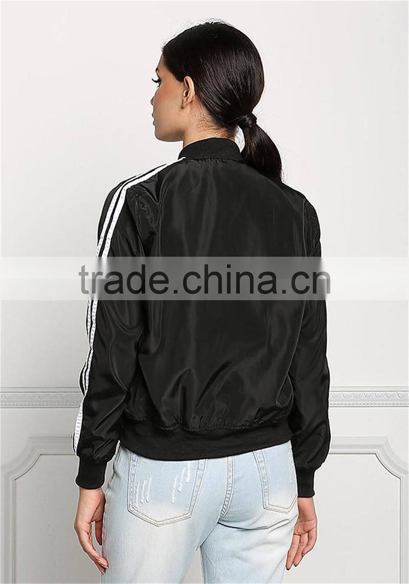 MGOO New Arrival Black 100% Polyester Bomber Jackets Black Crop Long Sleeves Tops Coat Sports Women Jackets