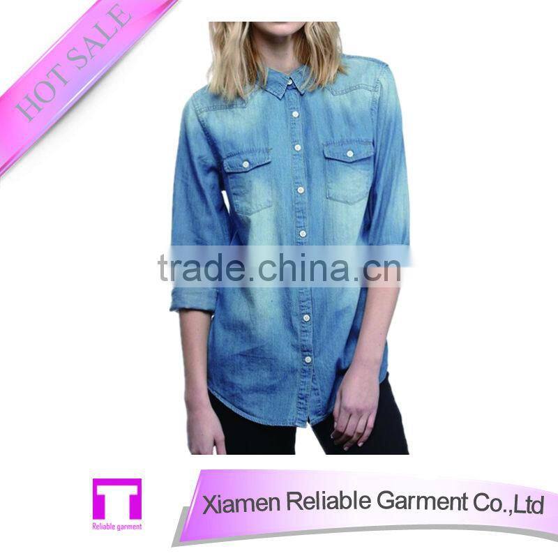 Cotton denim blouse with pocket for women