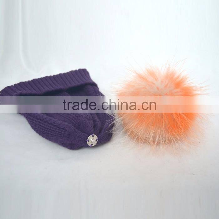 Myfur Popular New Cable Woolen Knitted Hat with Raccoon Pom Pom Top