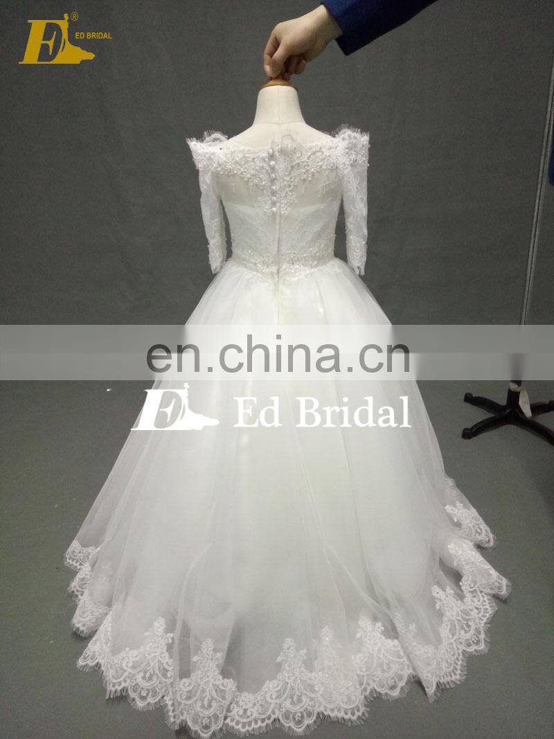 Lovely Off Shoulder Sleeves Custom Made Ivory Lace Flower Girl Dress