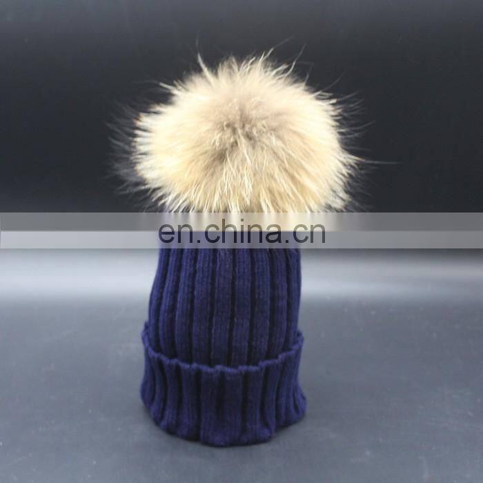 New Cute Winter Hat With Big Real Raccoon Fur Ball Crochet Baby Beanie Hat