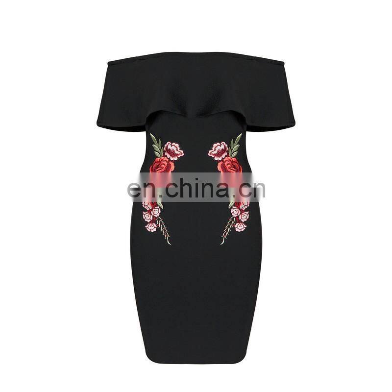 Amigo 2017 latst black off shoulder sexy bandage dress midi tube elegant embroidery evening dresses for girls party wear