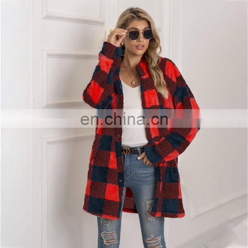2021 autumn and winter new European and American women's Amazon plush plaid long coat plush coat