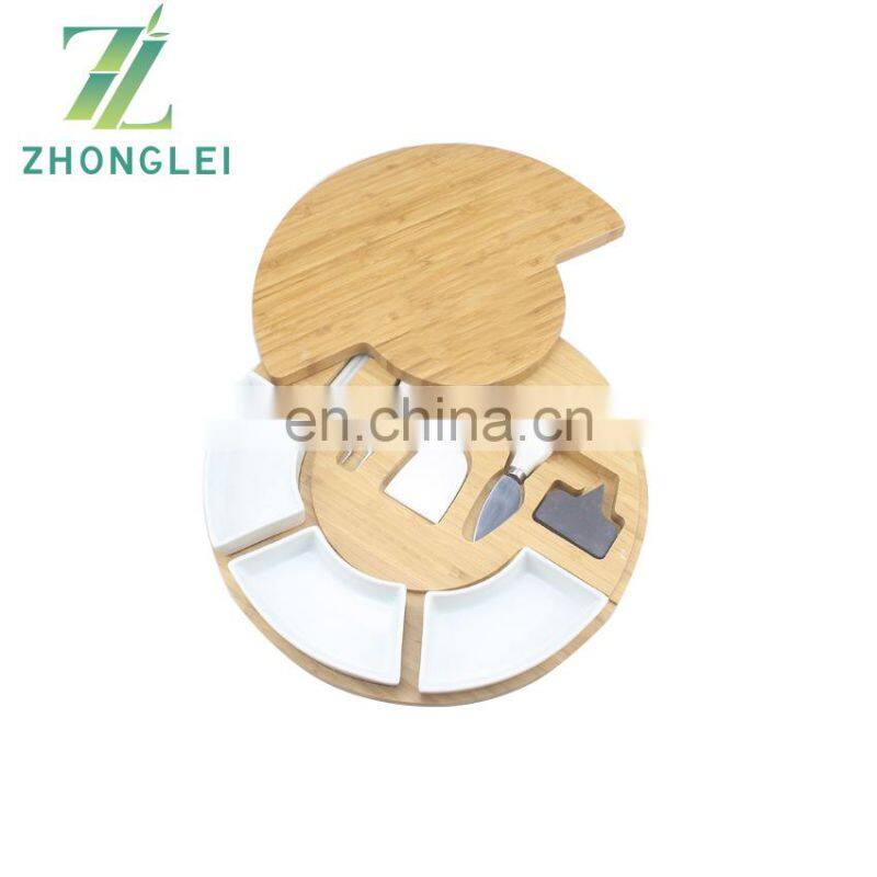 Bamboo Cheese Cutting Board Set - Charcuterie Board Set and Cheese Serving Platter with Ceramic dish