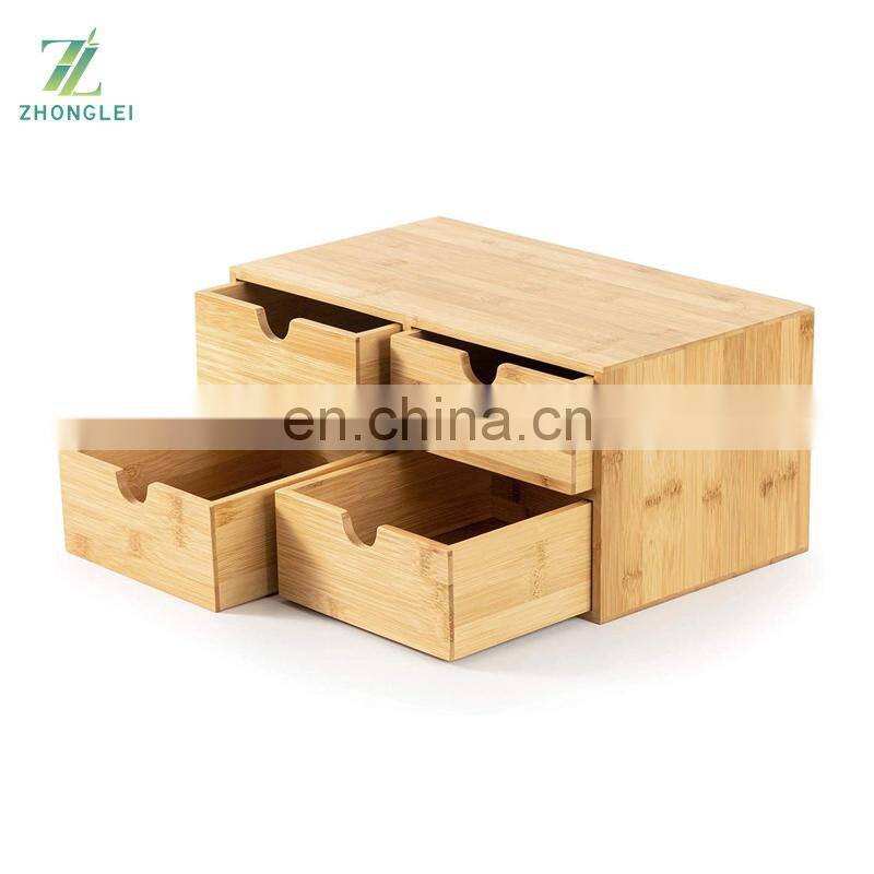 Bamboo Desk Organizer - Mini Bamboo Desk Drawer Tabletop Cosmetic Storage Organization for Office or Home (4 Drawer)
