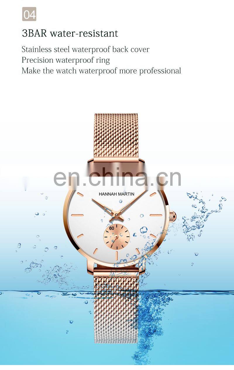 Hannah Martin 1335 Japanese Movement Luxury Ladies Watch Rose Gold Stainless Steel Mesh Belt Waterproof Quartz Wristwatches