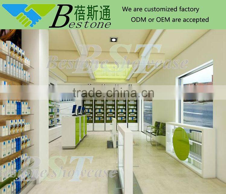 Double -sided retail store shelving, wooden wall shelf for pharmacy