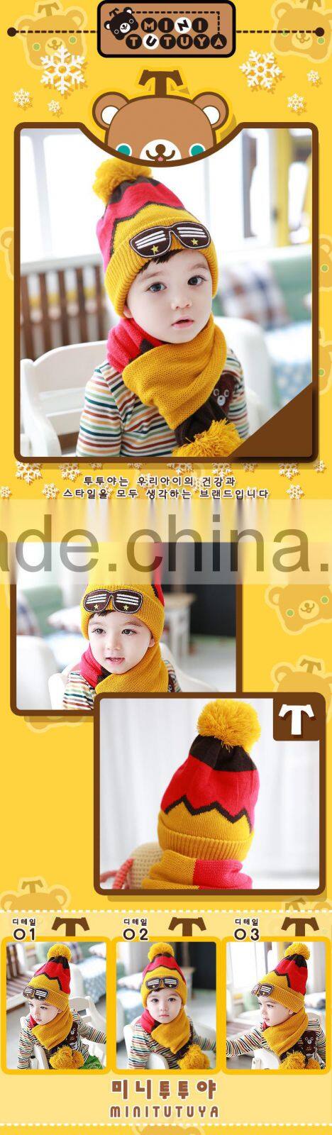 Hot Selling Glass Applique Boys Girls Kids Two Piece Set Pom Poms Knitting Wool Hat and Scarf