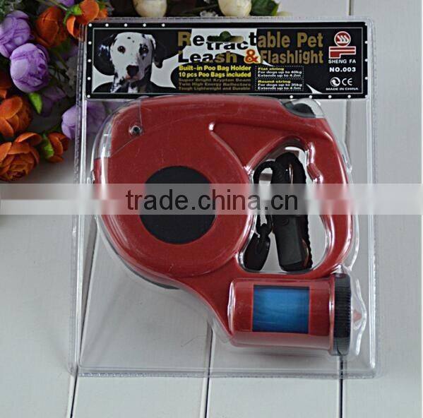 New 2016 Pet traction comes empty garbage bags triple automatic retractable dog leash With LED Light pet traction 4 colored 4.5m