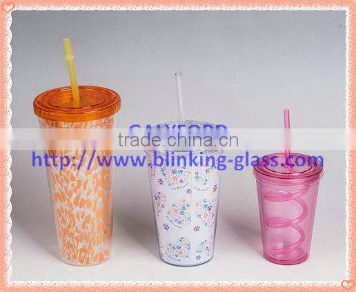 16oz PS double wall reusable plastic cup with lid and straw
