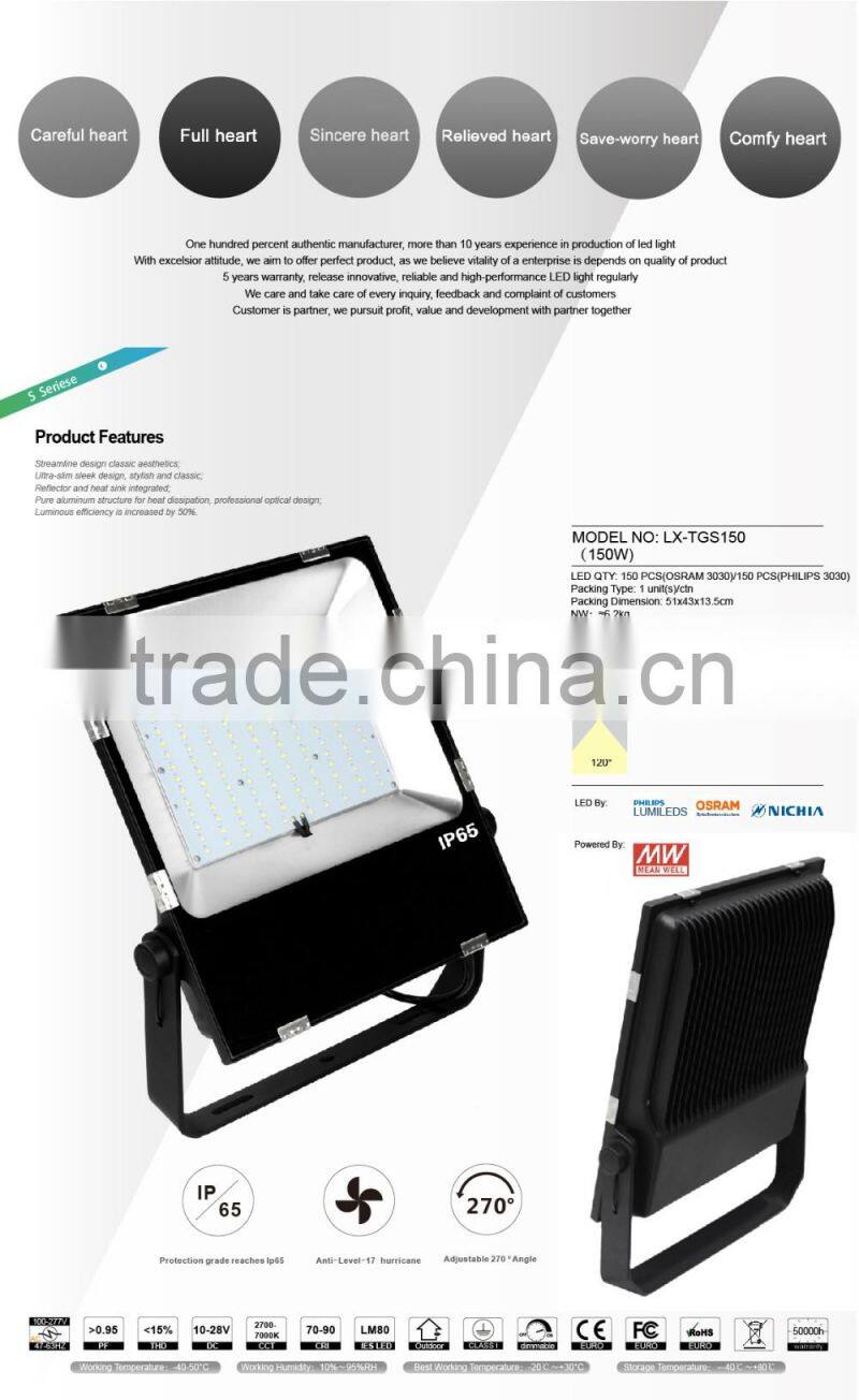 CE ROHS Approved 5 Years Warranty Free Lighting Design Meanwell Driver Nichia LED 2016 CE Rohs 130LM/W 150W LED Flood Lamp