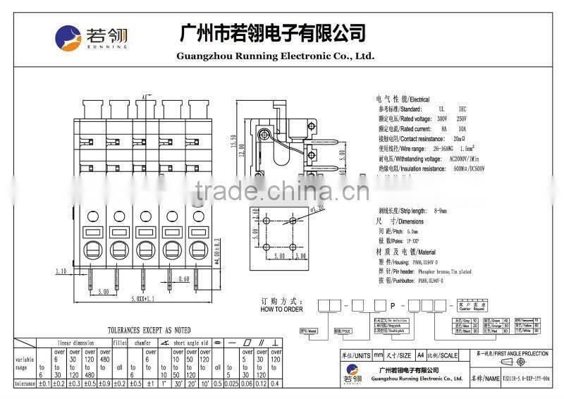 Stainless steel PCB Spring Terminal Block Pitch 5.0mm