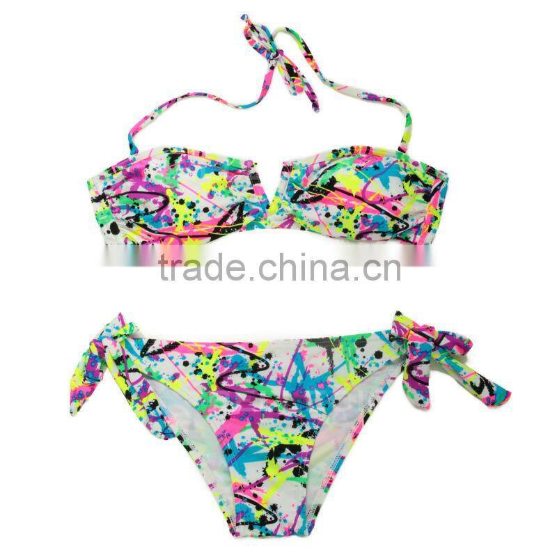 RELLECIGA Hottest Neon Color Doodle Print Bandeau Top Bikini Set with Removable Ties at Neck