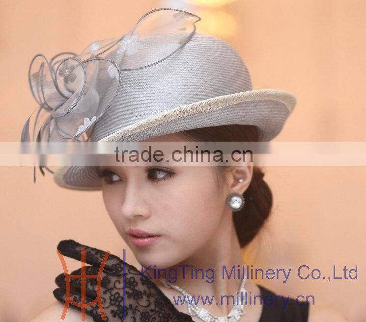 Womens Fancy Straw Hats Elegant Church Hat With Organza Flowers Trimming Onside