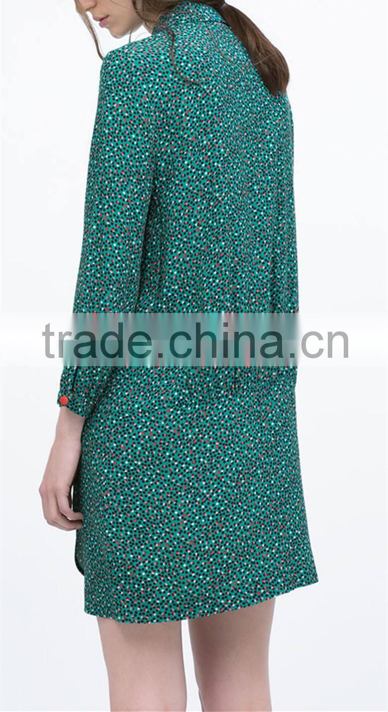 2015 summer long sleeve pleat with zipper front placket print rayon fashion dress - SYK15024