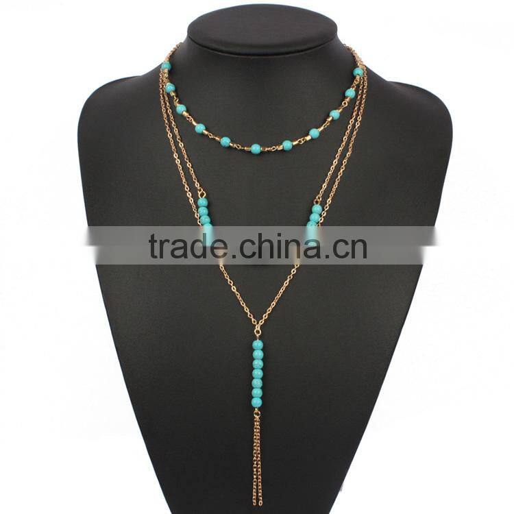 Cheap fashion simple geometric turquoise beaded multilayer short necklace