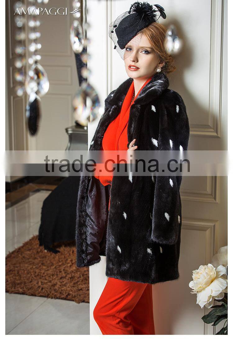 2015 new design custom black mink fur coat with white spot coat