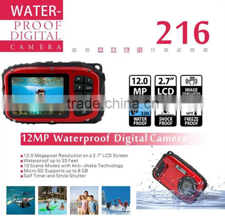 Professional Full HD 2.7" TFT LCD Promotion Gift 8x zoom waterproof red eye correction DV216 Digital camera