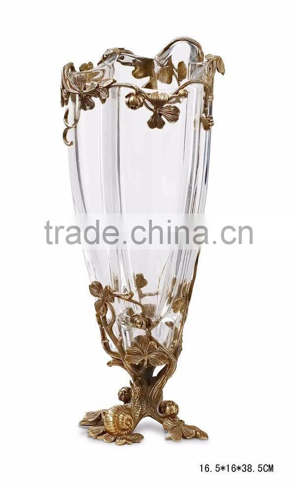 Hand Engraved Double Hourse Footed Bronze Mounted Vase, Ornate Crackle Crystal Flower Vase With Brass Base