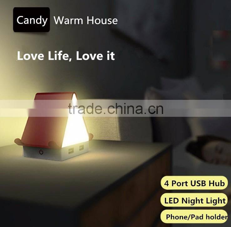 Multi-functional Tiny House Design 4 Port USB Hub, Touch Sensor LED Night Light, Creative USB Hub With Smartphone Holder