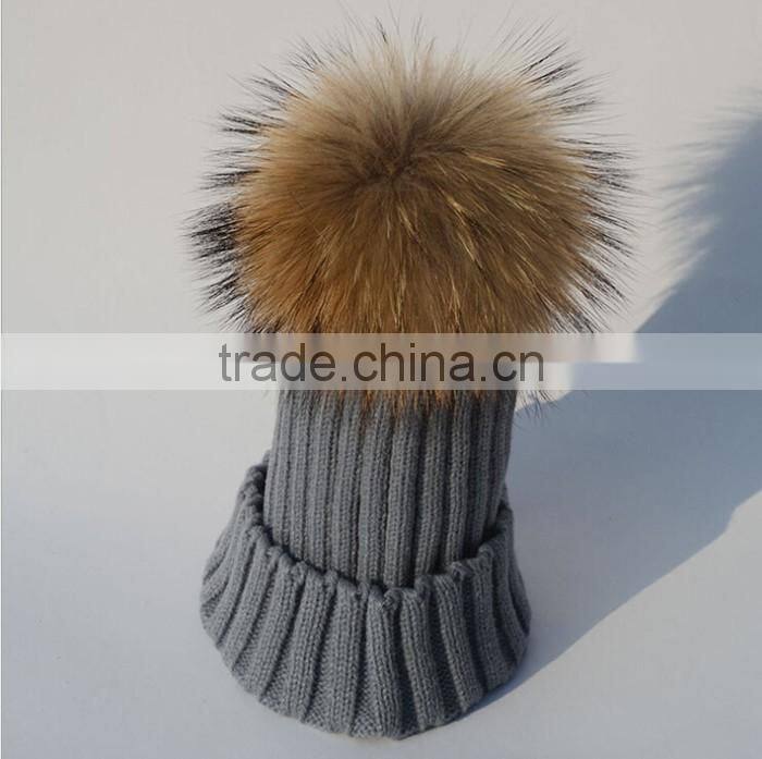 Children hat kids hat Children Winter Raccoon Fur Hats 100% Real 15cm Fur pompom Beanies Cap Natural Fur Hat For Kids Children