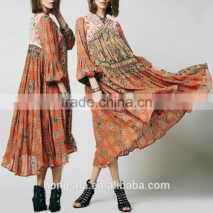 2016 New Burn-Out Ladies Long Csual Dresses Pictures Fashion Printed Vintage Dress HSd7295