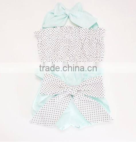 Hot Sale Baby Clothes Navy Nlue Polka Dots Outfit Lace Trim Kids Girls With Ruffle Bloomer Set