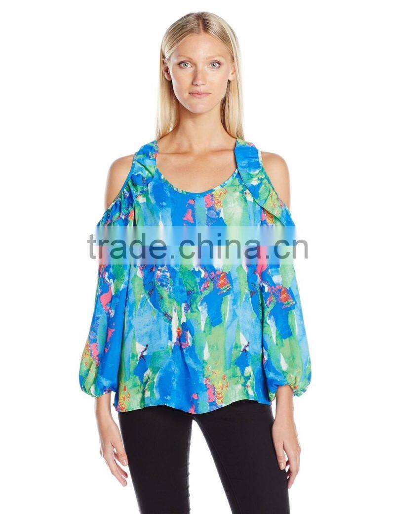 Women's Printed Long Sleeve Scoop Neck Cold Ruffle Shoulder Blouse