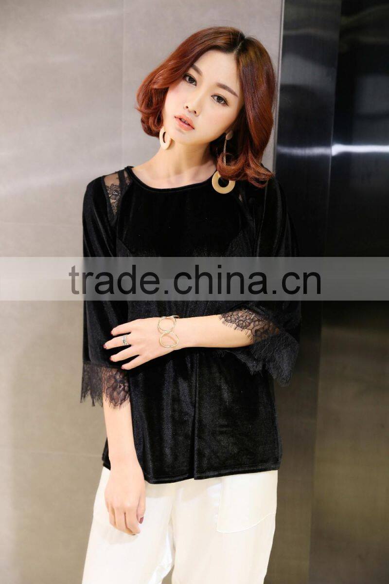 Black 3/4 sleeven loose wear t shirt for fat women