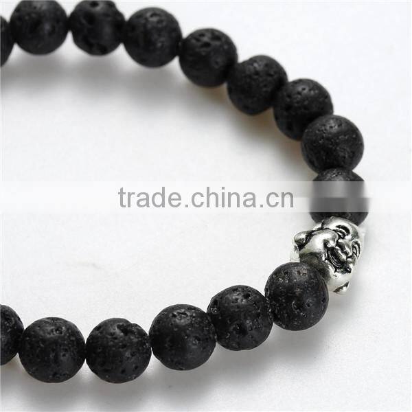 New Fashion Stone Lava Beaded Healing Bracelet Black Antique Silver Buddha Statue Head Elastic