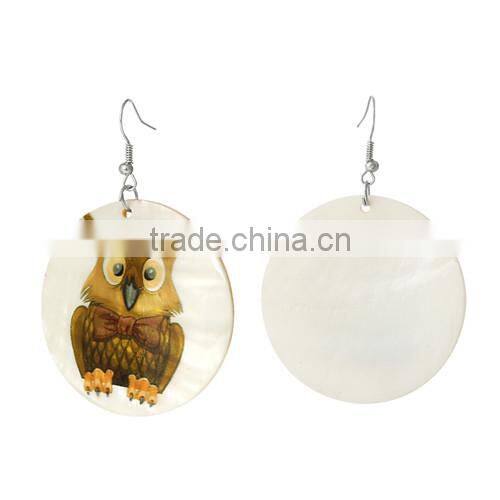 Silver Tone Hook Round Yellow Halloween Owl Fashion Shell Dangle Earrings 6.5cmx4.5cm