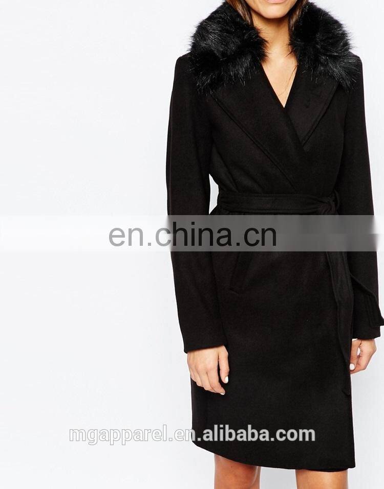 New style women coat model Tie belt women's long winter coat with Faux Fur Collar