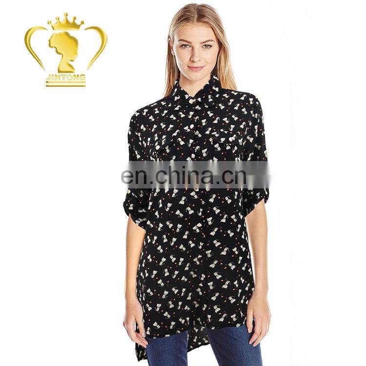 2017 Fashion design short front long back top Kitty shirt blouse, printed shirts for women blouses