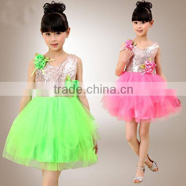 In-stock children princess modern dance costume sequin dance costume school girls( Pink , green, orange)