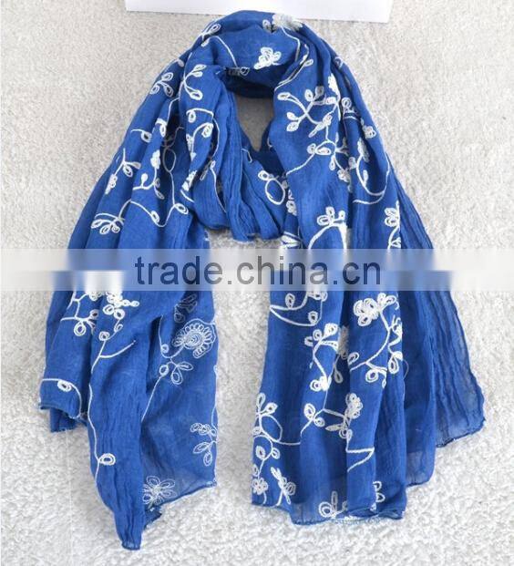 Winter Spring Fashion Long Cotton Flower Machine Embroidery Scarf