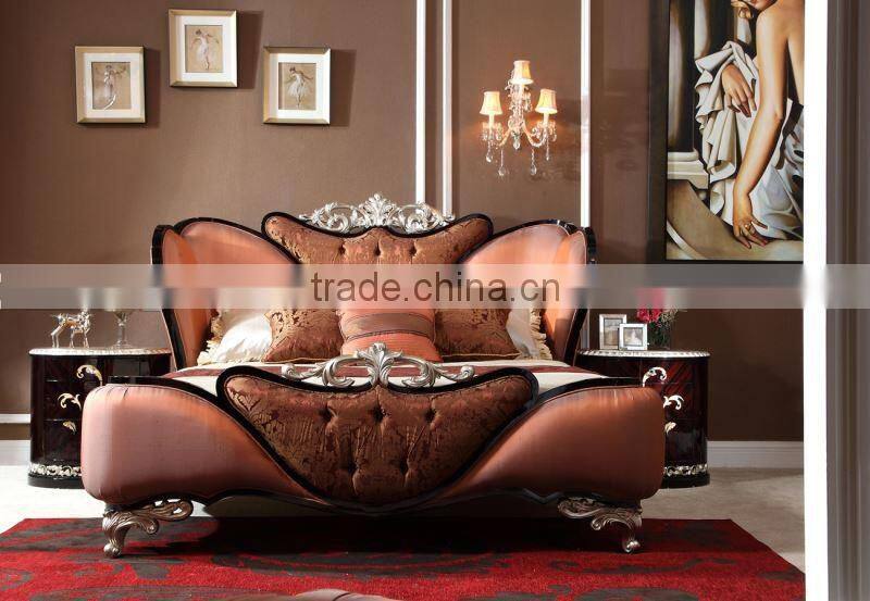 Neoclassic design double bed solid wood bed with polishing leather convex carve flower AK-7073