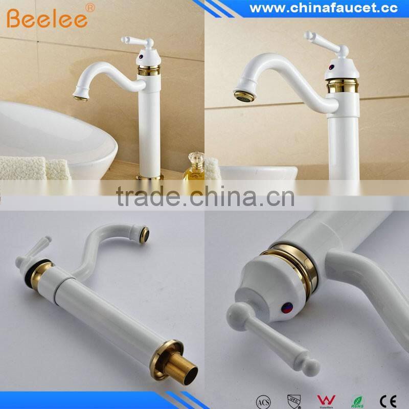Luxury Deck mount White & Golden Basin Sink Faucet Single Lever Bathroom Vessel Sink Mixer Taps