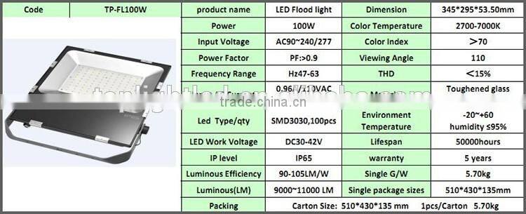 110lm/w PF>0.9 tennis court waterproof CE/MW driver 10w 20w 30w 50w 80W 100w IP65 led flood light