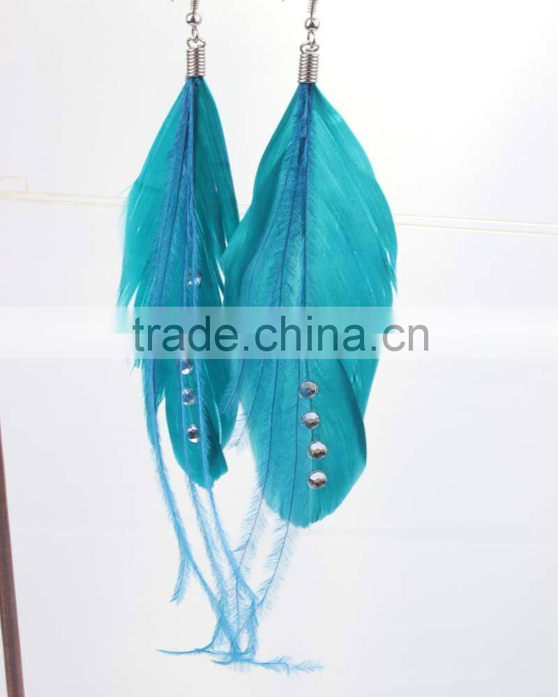 Sky blue Long feather earring with cheap feather dangle drop earring for girls wholesale