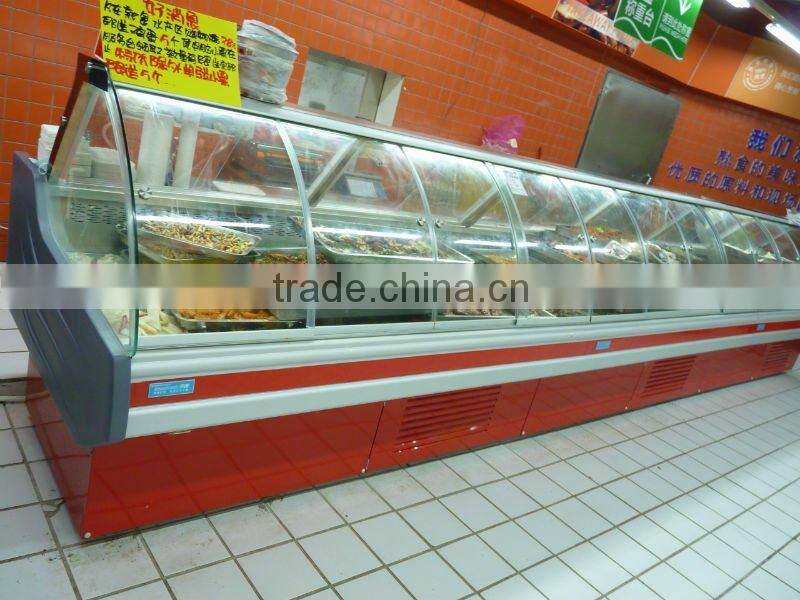 Deli case/supermarket refrigerator showcase/curved glass serve over cooler