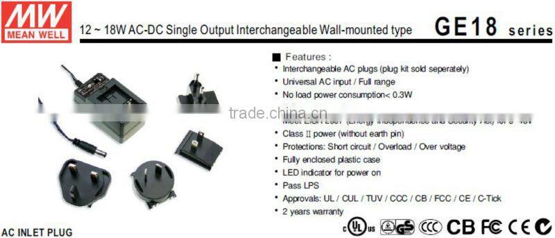 Meanwell 12~18W AC-DC Single Output Interchangeable Wall-mounted type 7.5v switching power supply