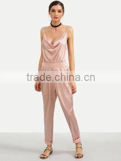 Bodysuits latest fashion design women clothing Pink Spaghetti Strap Cowl Neck Backless Jumpsuit