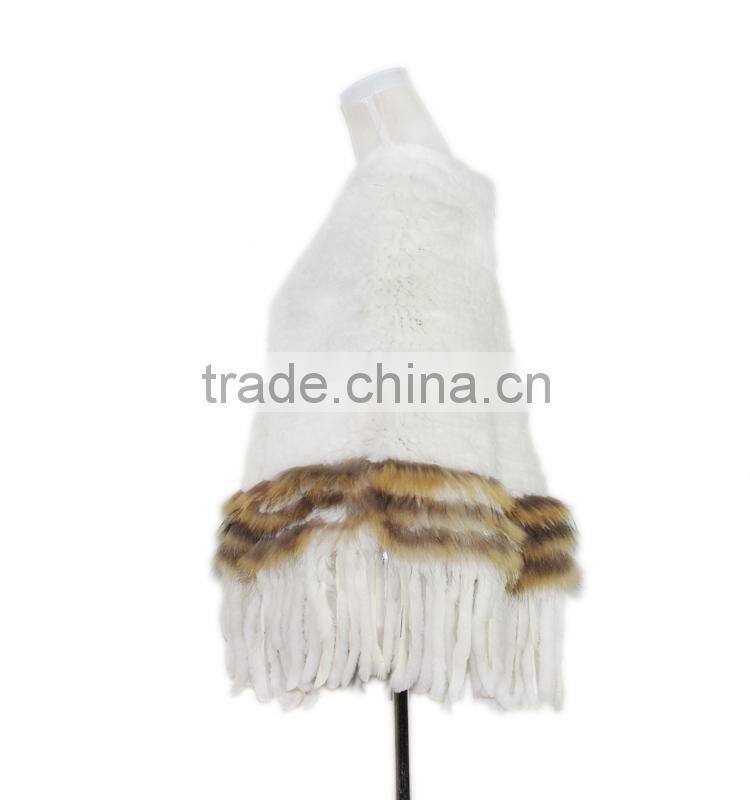 Rabbit fur poncho white color poncho raccoon fur stripes knitted poncho KZ14051