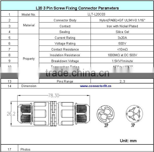 3 Pin Waterproof Connector for LED lighting Outdoor Display