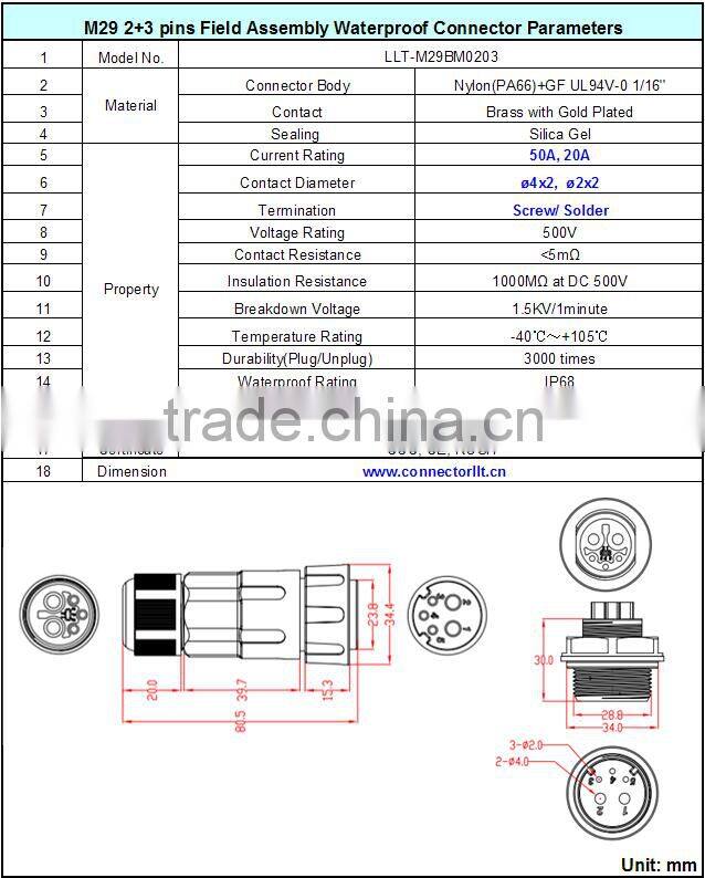 LLT 2+3 Pin 50A high voltage industrial power cord waterproof cable connector